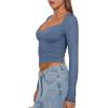 imageREORIA Womens Sexy V Neck Long Sleeve Slim Fitted Side Ruched Trendy Y2K Going Out T Shirt Crop TopDove Blue
