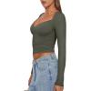 imageREORIA Womens Sexy V Neck Long Sleeve Slim Fitted Side Ruched Trendy Y2K Going Out T Shirt Crop TopGrey Green
