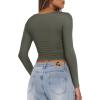 imageREORIA Womens Sexy V Neck Long Sleeve Slim Fitted Side Ruched Trendy Y2K Going Out T Shirt Crop TopGrey Green