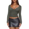 imageREORIA Womens Sexy V Neck Long Sleeve Slim Fitted Side Ruched Trendy Y2K Going Out T Shirt Crop TopGrey Green
