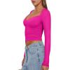 imageREORIA Womens Sexy V Neck Long Sleeve Slim Fitted Side Ruched Trendy Y2K Going Out T Shirt Crop TopNeon Rose Red