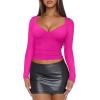 imageREORIA Womens Sexy V Neck Long Sleeve Slim Fitted Side Ruched Trendy Y2K Going Out T Shirt Crop TopNeon Rose Red