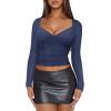 imageREORIA Womens Sexy V Neck Long Sleeve Slim Fitted Side Ruched Trendy Y2K Going Out T Shirt Crop TopStarry Blue