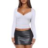 imageREORIA Womens Sexy V Neck Long Sleeve Slim Fitted Side Ruched Trendy Y2K Going Out T Shirt Crop TopWhite