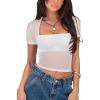 imageREORIA Womens Sexy Square Neck Short Sleeve Sheer Mesh Slim Fit 2024 Trendy Going Out Crop TopsWhite