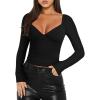 imageREORIA Womens Sexy V Neck Long Sleeve Slim Fitted Side Ruched Trendy Y2K Going Out T Shirt Crop TopBlack