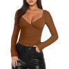 imageREORIA Womens Sexy V Neck Long Sleeve Slim Fitted Side Ruched Trendy Y2K Going Out T Shirt Crop TopBrown
