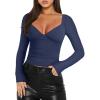 imageREORIA Womens Sexy V Neck Long Sleeve Slim Fitted Side Ruched Trendy Y2K Going Out T Shirt Crop TopStarry Blue