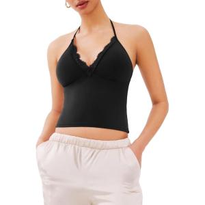 imageREORIA Lace Trim Halter Deep VNeck Tank Top Soft Y2K Sexy Sleeveless Tops 2025 SpringSummer Designer CollectionBlack Onyx