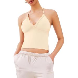 imageREORIA Lace Trim Halter Deep VNeck Tank Top Soft Y2K Sexy Sleeveless Tops 2025 SpringSummer Designer CollectionButtercream