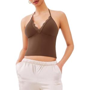 imageREORIA Lace Trim Halter Deep VNeck Tank Top Soft Y2K Sexy Sleeveless Tops 2025 SpringSummer Designer CollectionChocolate Lab