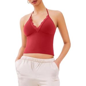 imageREORIA Lace Trim Halter Deep VNeck Tank Top Soft Y2K Sexy Sleeveless Tops 2025 SpringSummer Designer CollectionRibbon Red