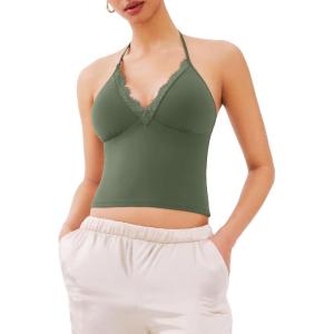 imageREORIA Lace Trim Halter Deep VNeck Tank Top Soft Y2K Sexy Sleeveless Tops 2025 SpringSummer Designer CollectionThyme