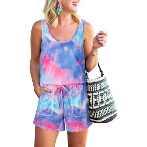 imageREORIA Womens Basic Summer Scoop Neck Sleeveless Tank Top Short jumpsuit Rompers07tie Dye Blue Pink