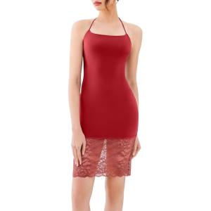 imageREORIA Womens Halter Neck Strapless Lace Trim Bodycon Dress KneeLength Outfit 2025 SpringSummer Designer CollectionRibbon Red