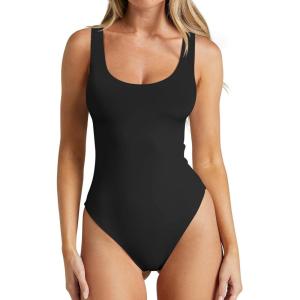 imageREORIA Womens Scoop Neck Sleeveless Bodysuits Sexy Backless Slimming Double Lined Basic Tank Top Body Suits Black Medium