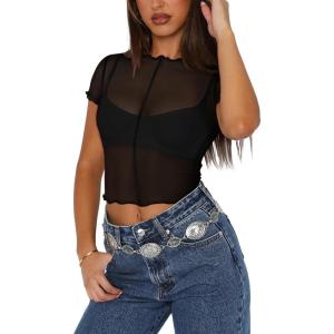 imageREORIA Womens Sexy Sheer Mesh Short Sleeve Crew Neck See Through Trendy Y2K Going Out Crop TopsBlack