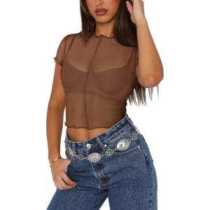 imageREORIA Womens Sexy Sheer Mesh Short Sleeve Crew Neck See Through Trendy Y2K Going Out Crop TopsBrown