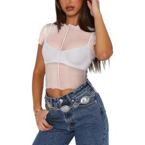 imageREORIA Womens Sexy Sheer Mesh Short Sleeve Crew Neck See Through Trendy Y2K Going Out Crop TopsWhite