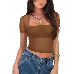 imageREORIA Womens Sexy Square Neck Short Sleeve Sheer Mesh Slim Fit 2024 Trendy Going Out Crop TopsBrown