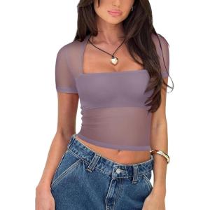 imageREORIA Womens Sexy Square Neck Short Sleeve Sheer Mesh Slim Fit 2024 Trendy Going Out Crop TopsHazy Lilac