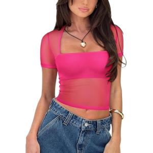 imageREORIA Womens Sexy Square Neck Short Sleeve Sheer Mesh Slim Fit 2024 Trendy Going Out Crop TopsNeon Rose Red