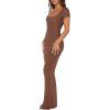 imageREORIA Womens 2025 Sexy Scoop Neck Lounge Long Dress Elegant Basic Short Sleeve Ribbed Bodycon Maxi DressesCoffee
