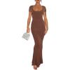 imageREORIA Womens 2025 Sexy Scoop Neck Lounge Long Dress Elegant Basic Short Sleeve Ribbed Bodycon Maxi DressesCoffee