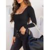 imageREORIA Womens Basic Sexy Square Neck Double Lined Long Sleeve Bodysuit Tops JumpsuitsBlack