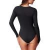 imageREORIA Womens Basic Sexy Square Neck Double Lined Long Sleeve Bodysuit Tops JumpsuitsBlack