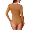imageREORIA Womens Basic Sexy Square Neck Double Lined Long Sleeve Bodysuit Tops JumpsuitsBrown