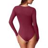 imageREORIA Womens Basic Sexy Square Neck Double Lined Long Sleeve Bodysuit Tops JumpsuitsBurdundy