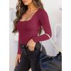 imageREORIA Womens Basic Sexy Square Neck Double Lined Long Sleeve Bodysuit Tops JumpsuitsBurdundy