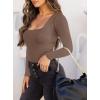 imageREORIA Womens Basic Sexy Square Neck Double Lined Long Sleeve Bodysuit Tops JumpsuitsCoffee