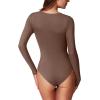 imageREORIA Womens Basic Sexy Square Neck Double Lined Long Sleeve Bodysuit Tops JumpsuitsCoffee