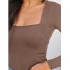 imageREORIA Womens Basic Sexy Square Neck Double Lined Long Sleeve Bodysuit Tops JumpsuitsCoffee