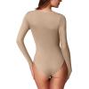 imageREORIA Womens Basic Sexy Square Neck Double Lined Long Sleeve Bodysuit Tops JumpsuitsKhaki
