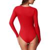 imageREORIA Womens Basic Sexy Square Neck Double Lined Long Sleeve Bodysuit Tops JumpsuitsRed