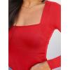 imageREORIA Womens Basic Sexy Square Neck Double Lined Long Sleeve Bodysuit Tops JumpsuitsRed