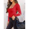 imageREORIA Womens Basic Sexy Square Neck Double Lined Long Sleeve Bodysuit Tops JumpsuitsRed