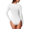 imageREORIA Womens Basic Sexy Square Neck Double Lined Long Sleeve Bodysuit Tops JumpsuitsWhite