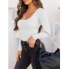 imageREORIA Womens Basic Sexy Square Neck Double Lined Long Sleeve Bodysuit Tops JumpsuitsWhite