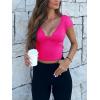 imageREORIA Womens Butsmooth Summer Deep V Neck Backless Lace Short Sleeve Slim Fit TShirts Trendy Y2k Corset Crop TopsNeon Rose Red