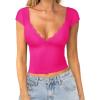 imageREORIA Womens Butsmooth Summer Deep V Neck Backless Lace Short Sleeve Slim Fit TShirts Trendy Y2k Corset Crop TopsNeon Rose Red