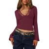 imageREORIA Womens Lace V Neck Bell Sleeve Sexy Going Out Double Lined Trendy Y2K Crop TopsBurgundy