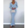 imageREORIA Womens Sexy Soft Lounge Ribbed Long Dress Elegant Long Sleeve Deep V Neck Bodycon Maxi DressesBlue