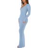 imageREORIA Womens Sexy Soft Lounge Ribbed Long Dress Elegant Long Sleeve Deep V Neck Bodycon Maxi DressesBlue