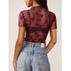 imageREORIA Womens Summer Sexy Mesh Sheer Short Sleeve Lace See Through Y2K Trendy T Shirts TopsBurgundy