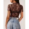 imageREORIA Womens Summer Sexy Mesh Sheer Short Sleeve Lace See Through Y2K Trendy T Shirts TopsCoffee