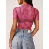imageREORIA Womens Summer Sexy Mesh Sheer Short Sleeve Lace See Through Y2K Trendy T Shirts TopsRose Red